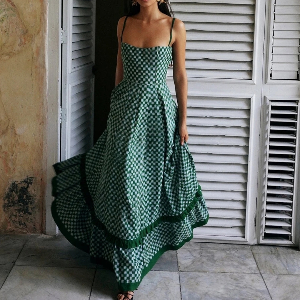 COPY - Spaghetti Straps Checkerboard Print Zip Slip Flowy Ruffled Long Maxi Dre… - Picture 1 of 4